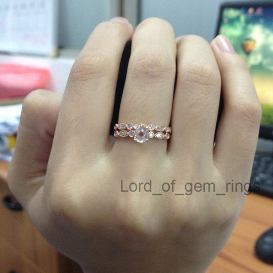 Round Morganite Engagement Ring Sets Pave Diamond Wedding 14K Rose Gold 5mm  Art Deco Antique Style