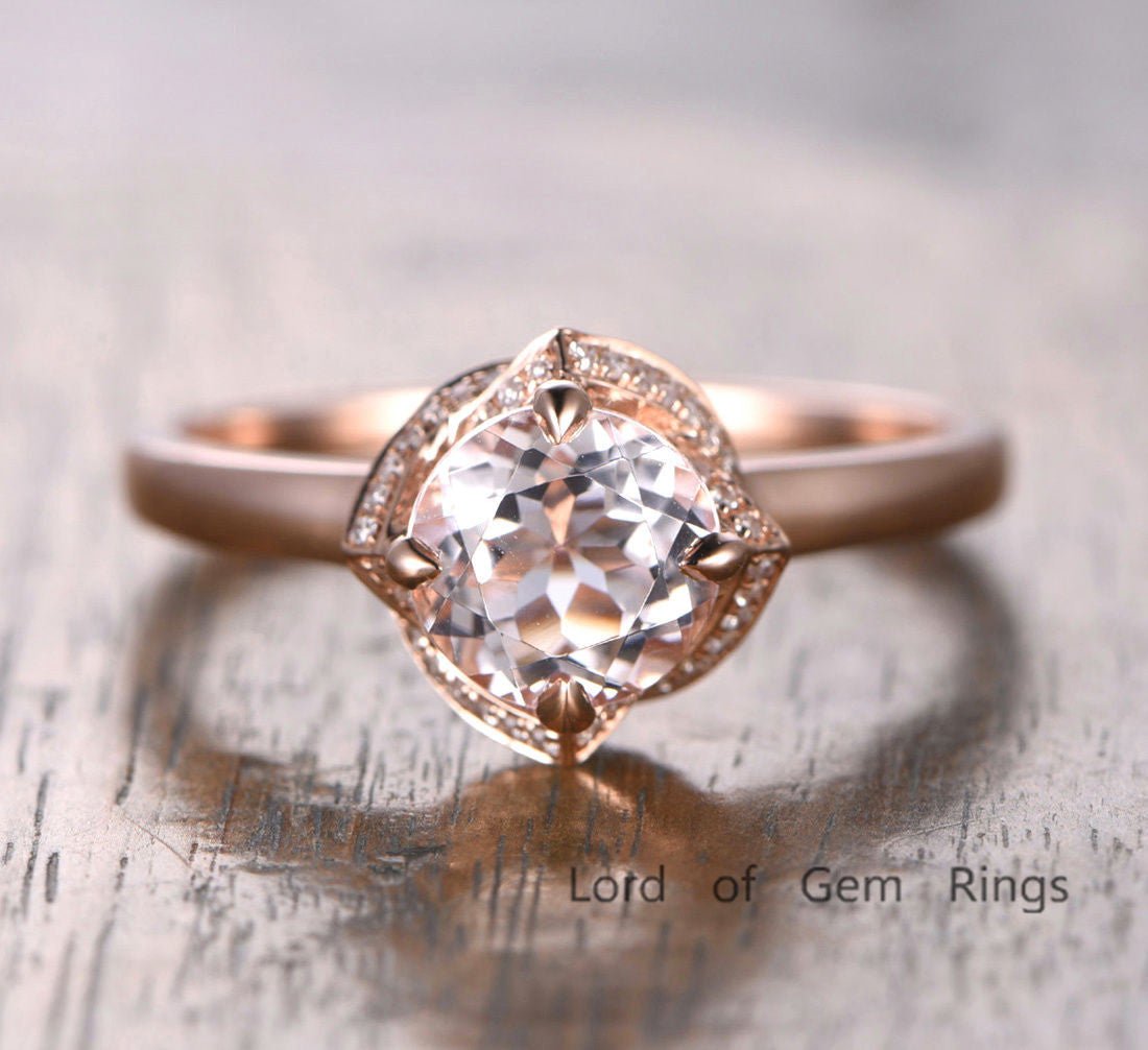 Round Morganite Floral Diamond Halo Ring 14K Rose Gold - Lord of Gem Rings