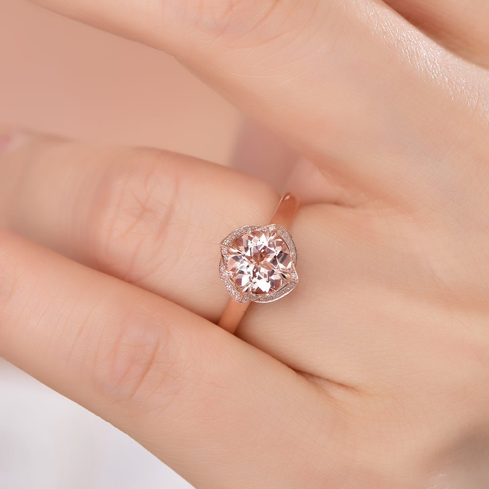 Round Morganite Floral Diamond Halo Ring 14K Rose Gold - Lord of Gem Rings