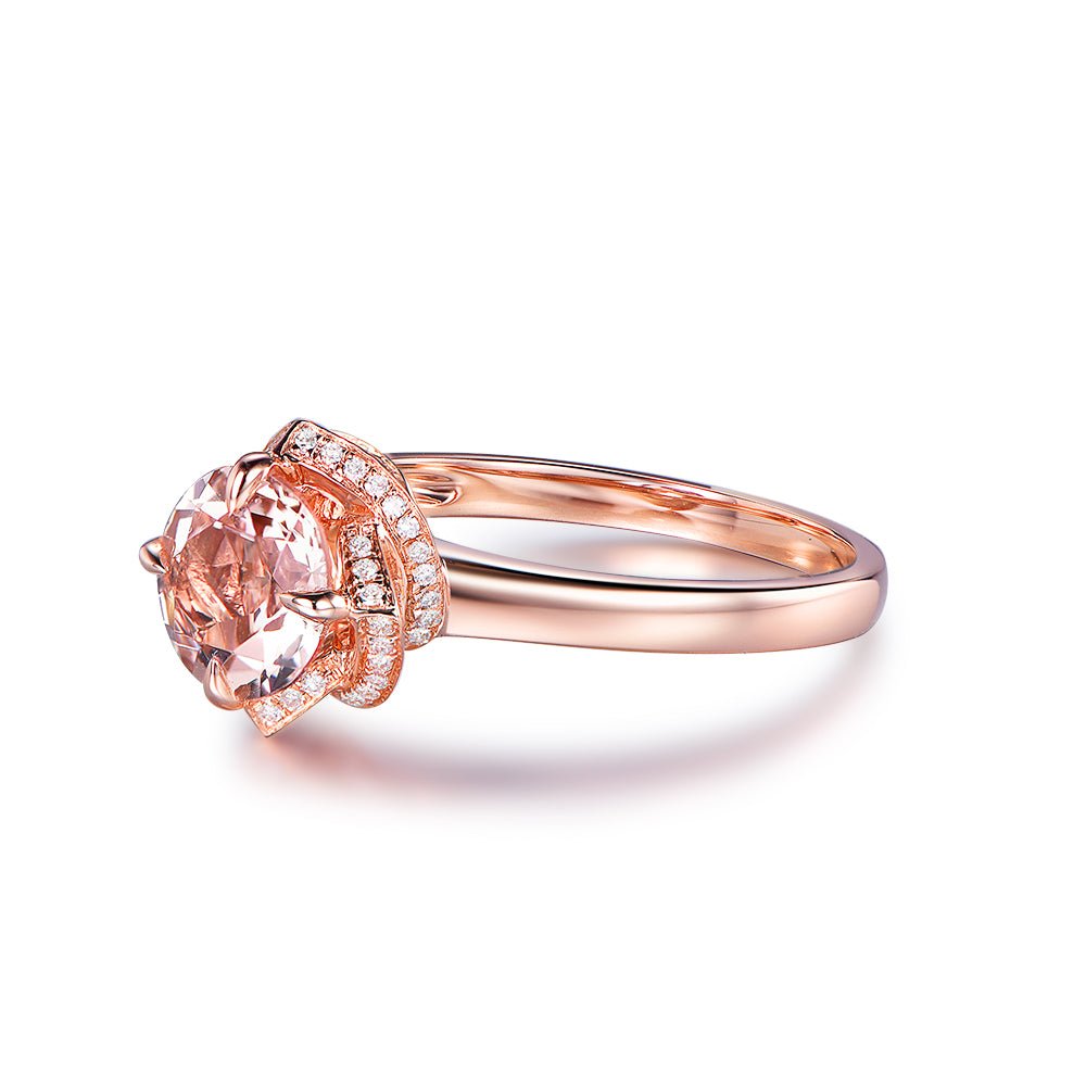 Round Morganite Floral Diamond Halo Ring 14K Rose Gold - Lord of Gem Rings