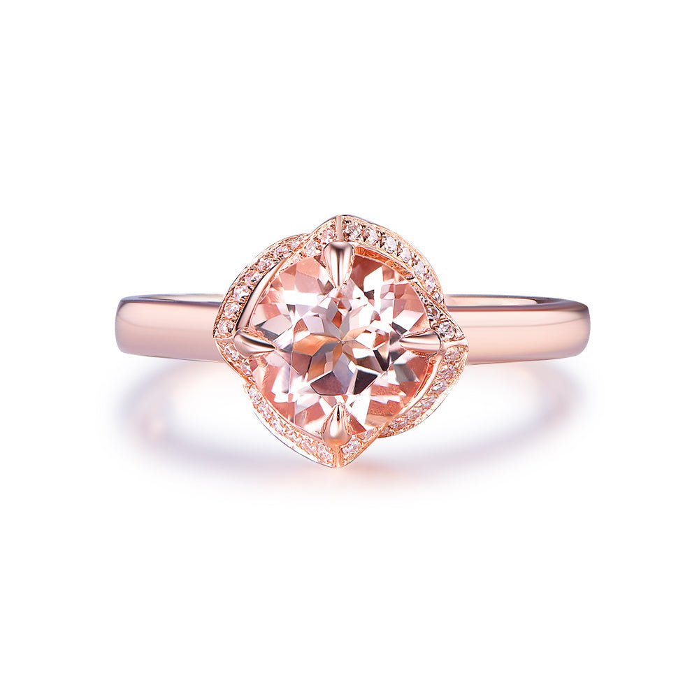 Round Morganite Floral Diamond Halo Ring 14K Rose Gold - Lord of Gem Rings