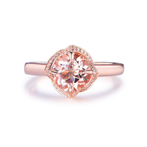 Round Morganite Floral Diamond Halo Ring 14K Rose Gold - Lord of Gem Rings