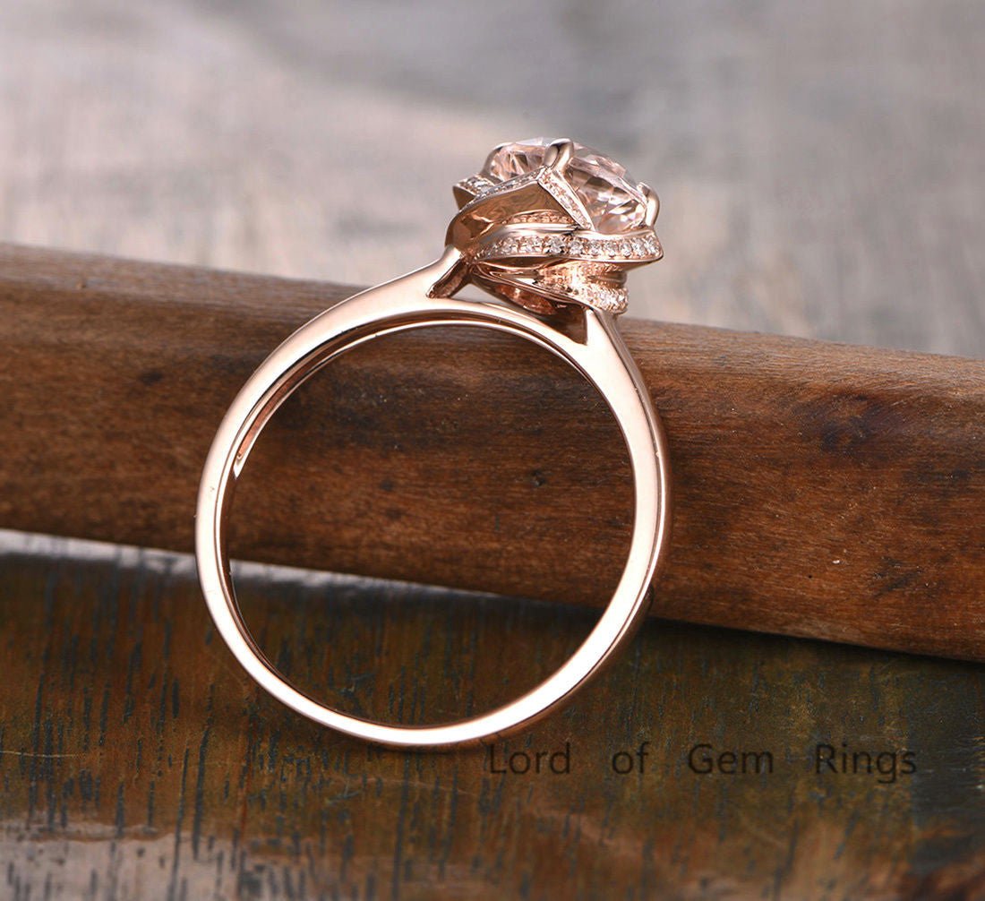 Round Morganite Floral Diamond Halo Ring 14K Rose Gold - Lord of Gem Rings