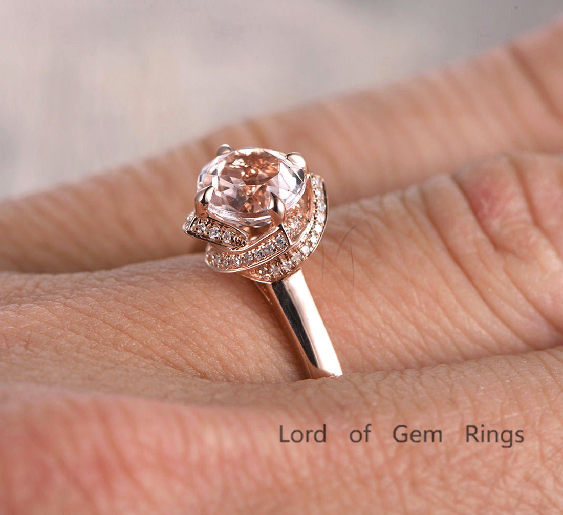 Round Morganite Floral Diamond Halo Ring 14K Rose Gold - Lord of Gem Rings