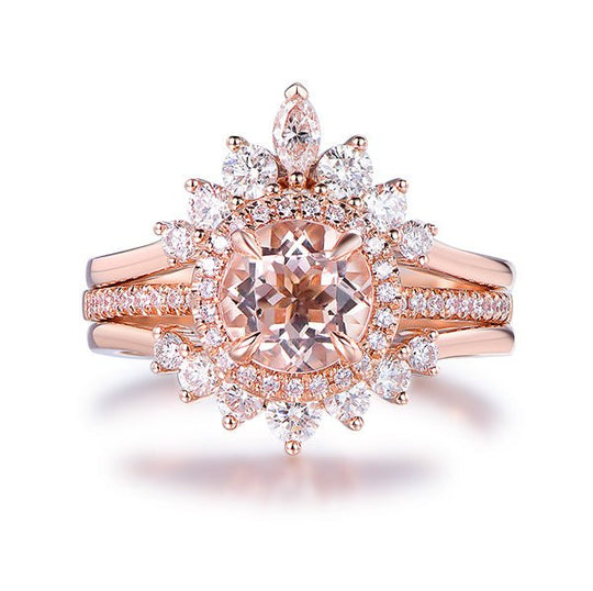 1.2ct Round Morganite Halo Ring Tiara Trio Bridal Set 14K Rose Gold