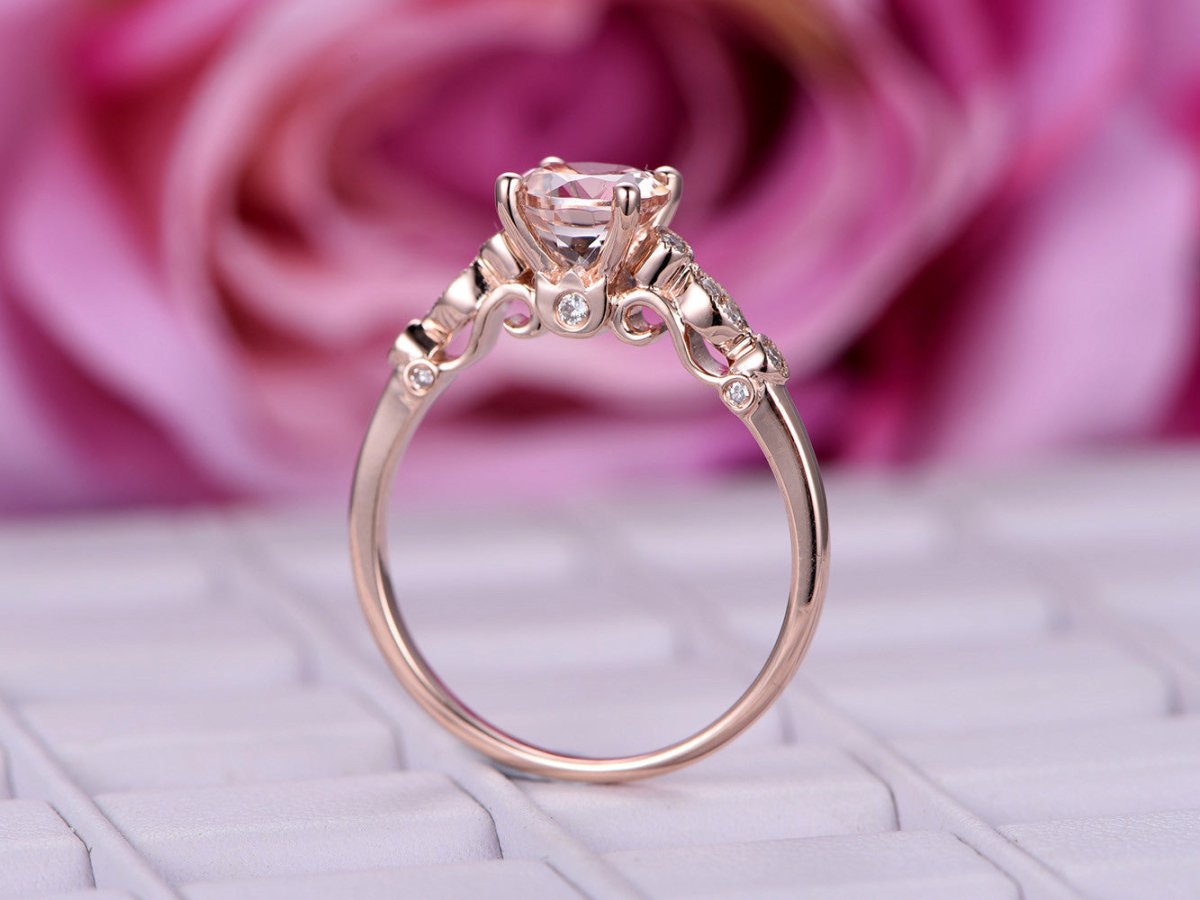 Round Morganite Ring Diamond Celtic Shank 14K Rose Gold - Lord of Gem Rings