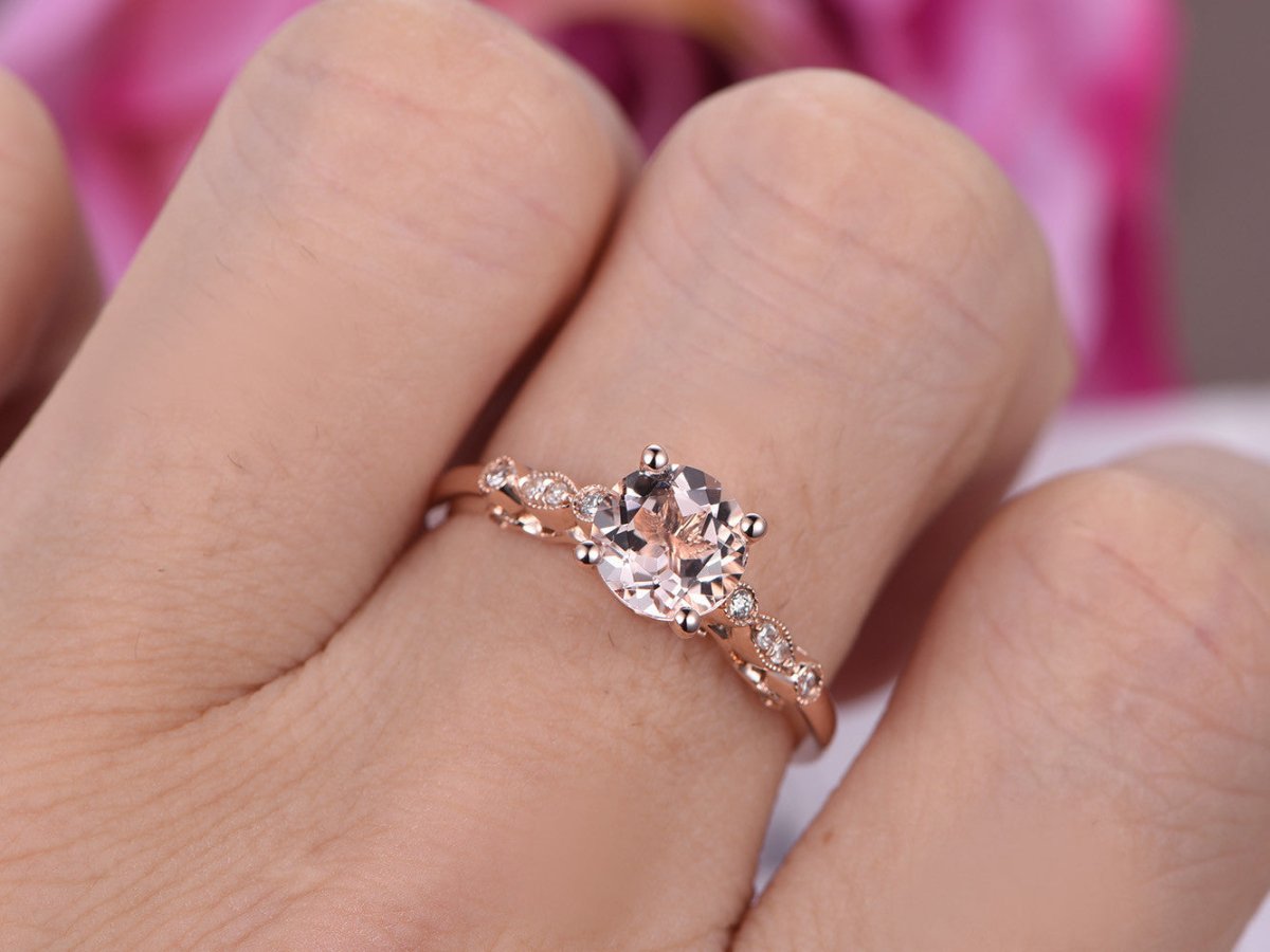 Round Morganite Ring Diamond Celtic Shank 14K Rose Gold - Lord of Gem Rings