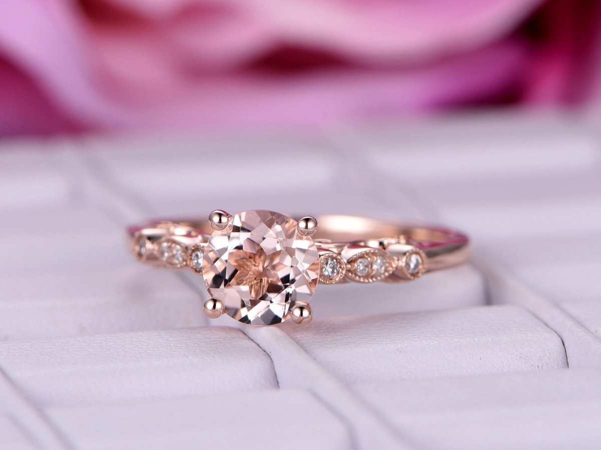 Round Morganite Ring Diamond Celtic Shank 14K Rose Gold - Lord of Gem Rings