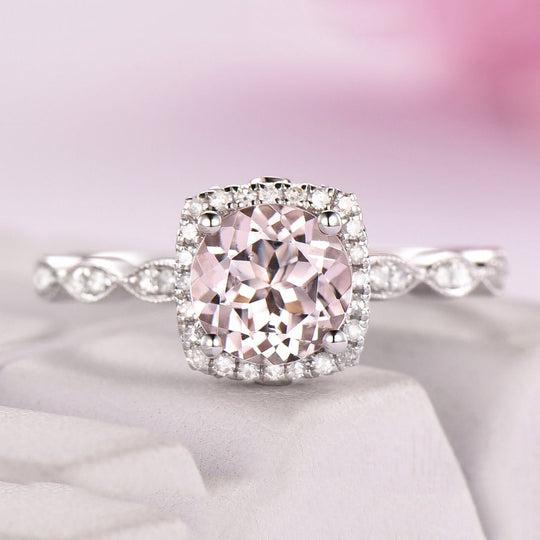 Round Morganite Ring Diamond Cushion Halo Milgrain Under Gallery