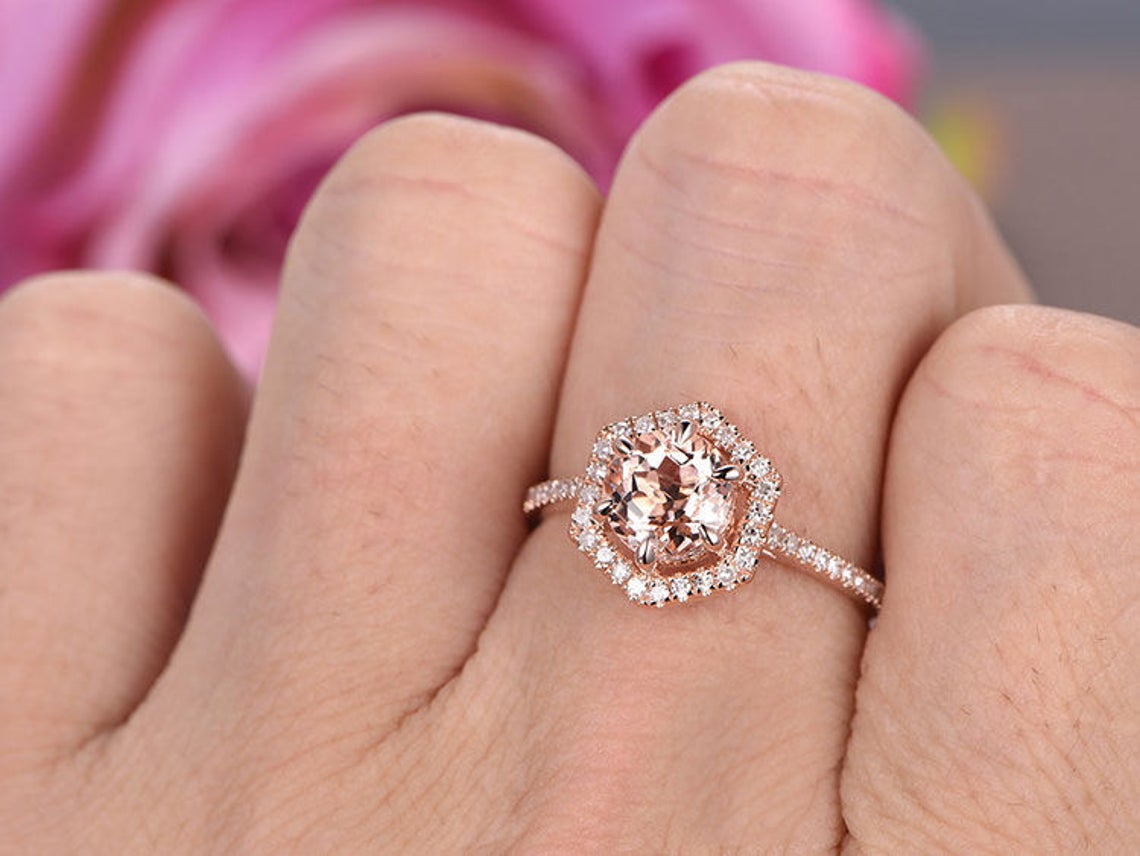 Round Morganite Ring Hexagon Diamond Halo - Lord of Gem Rings
