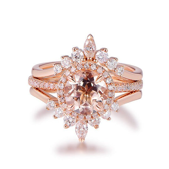 1.25ct Round Morganite Marquise Tiara Trio Bridal Set 14K Gold
