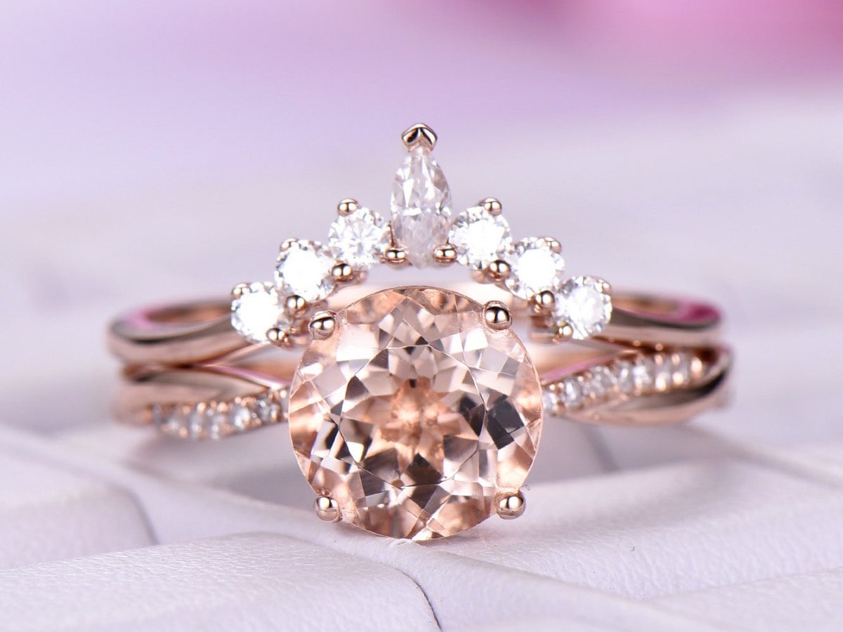 Round Morganite Twisted Ring Marquise Moissanite Tiara Bridal Set - Lord of Gem Rings
