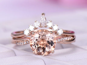 Round Morganite Twisted Ring Marquise Moissanite Tiara Bridal Set - Lord of Gem Rings