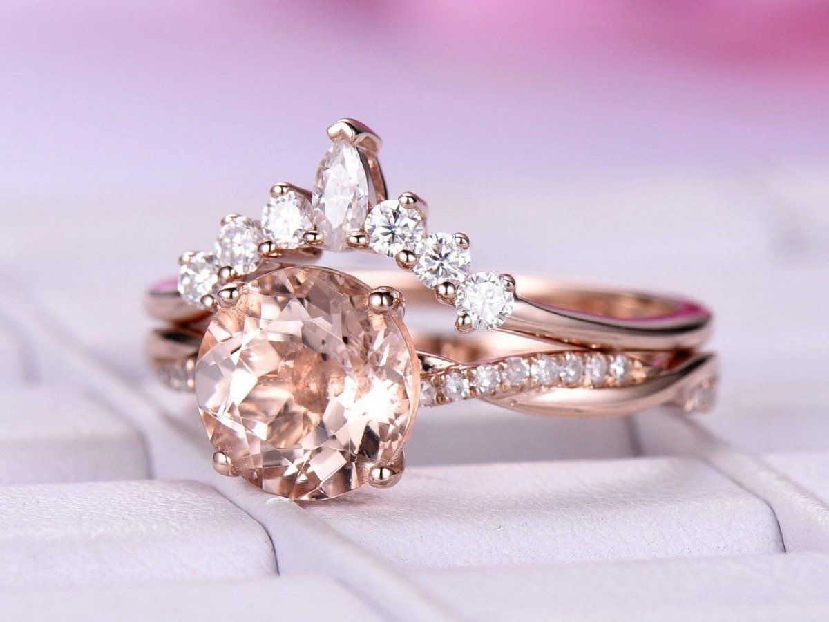 Round Morganite Twisted Ring Marquise Moissanite Tiara Bridal Set - Lord of Gem Rings