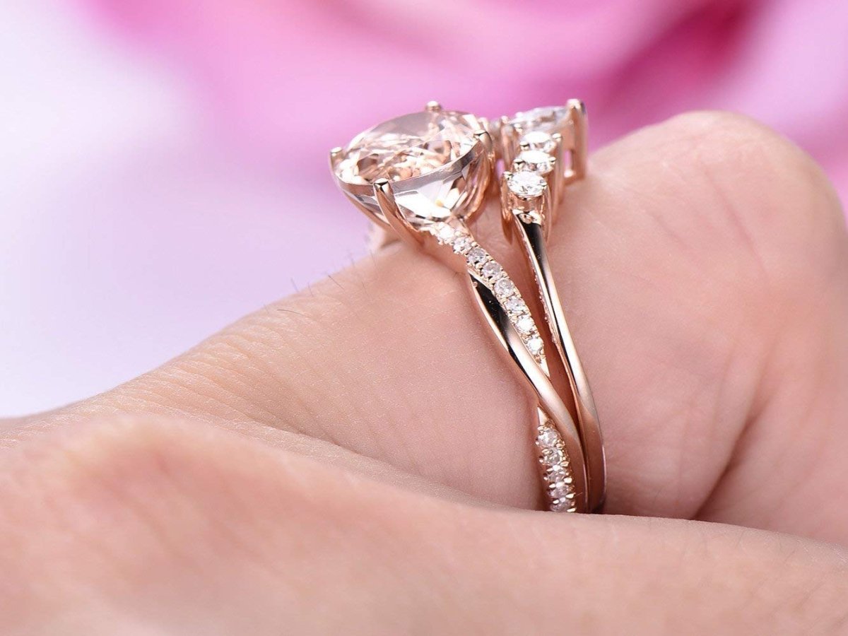 Round Morganite Twisted Ring Marquise Moissanite Tiara Bridal Set - Lord of Gem Rings