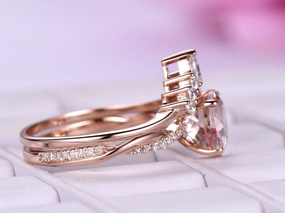 Round Morganite Twisted Ring Marquise Moissanite Tiara Bridal Set - Lord of Gem Rings