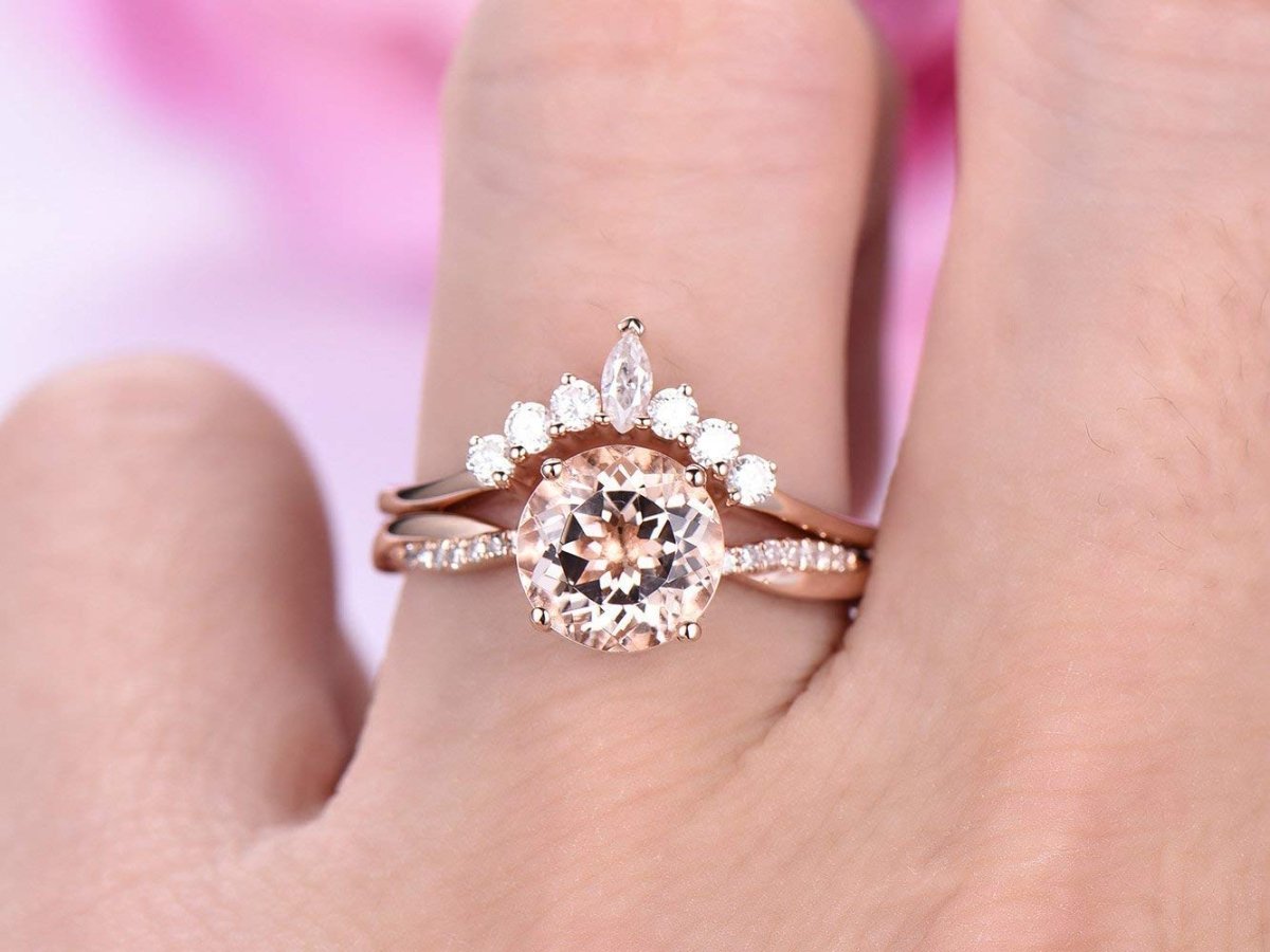 Round Morganite Twisted Ring Marquise Moissanite Tiara Bridal Set - Lord of Gem Rings