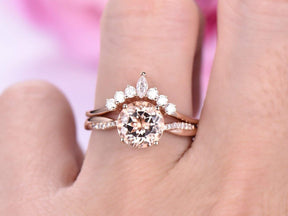 Round Morganite Twisted Ring Marquise Moissanite Tiara Bridal Set - Lord of Gem Rings
