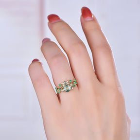 Round Natural Moss Agate Bridal Set Emerald Vine Ring, 14K Gold/Silver - Lord of Gem Rings