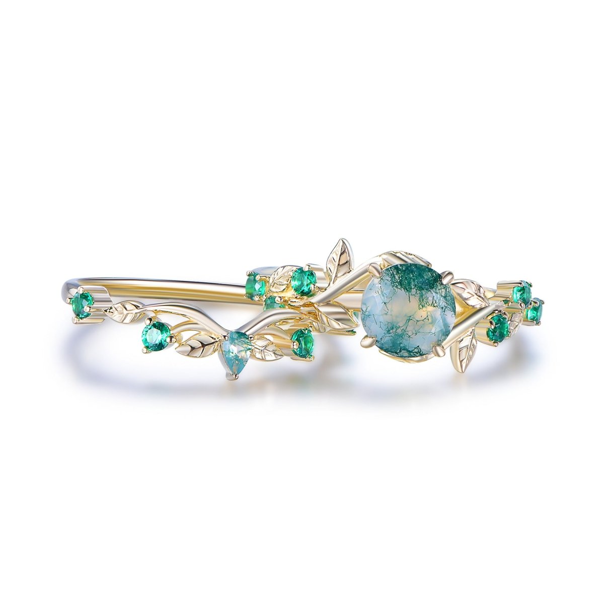 Round Natural Moss Agate Bridal Set Emerald Vine Ring, 14K Gold/Silver - Lord of Gem Rings