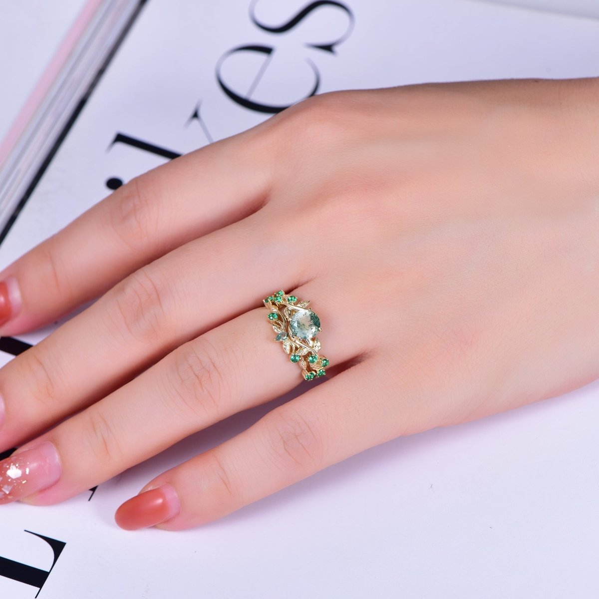 Round Natural Moss Agate Bridal Set Emerald Vine Ring, 14K Gold/Silver - Lord of Gem Rings