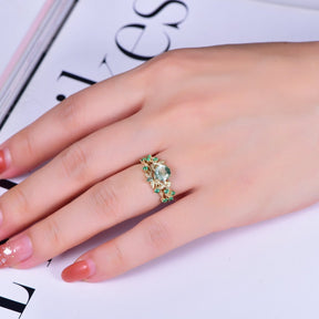 Round Natural Moss Agate Bridal Set Emerald Vine Ring, 14K Gold/Silver - Lord of Gem Rings