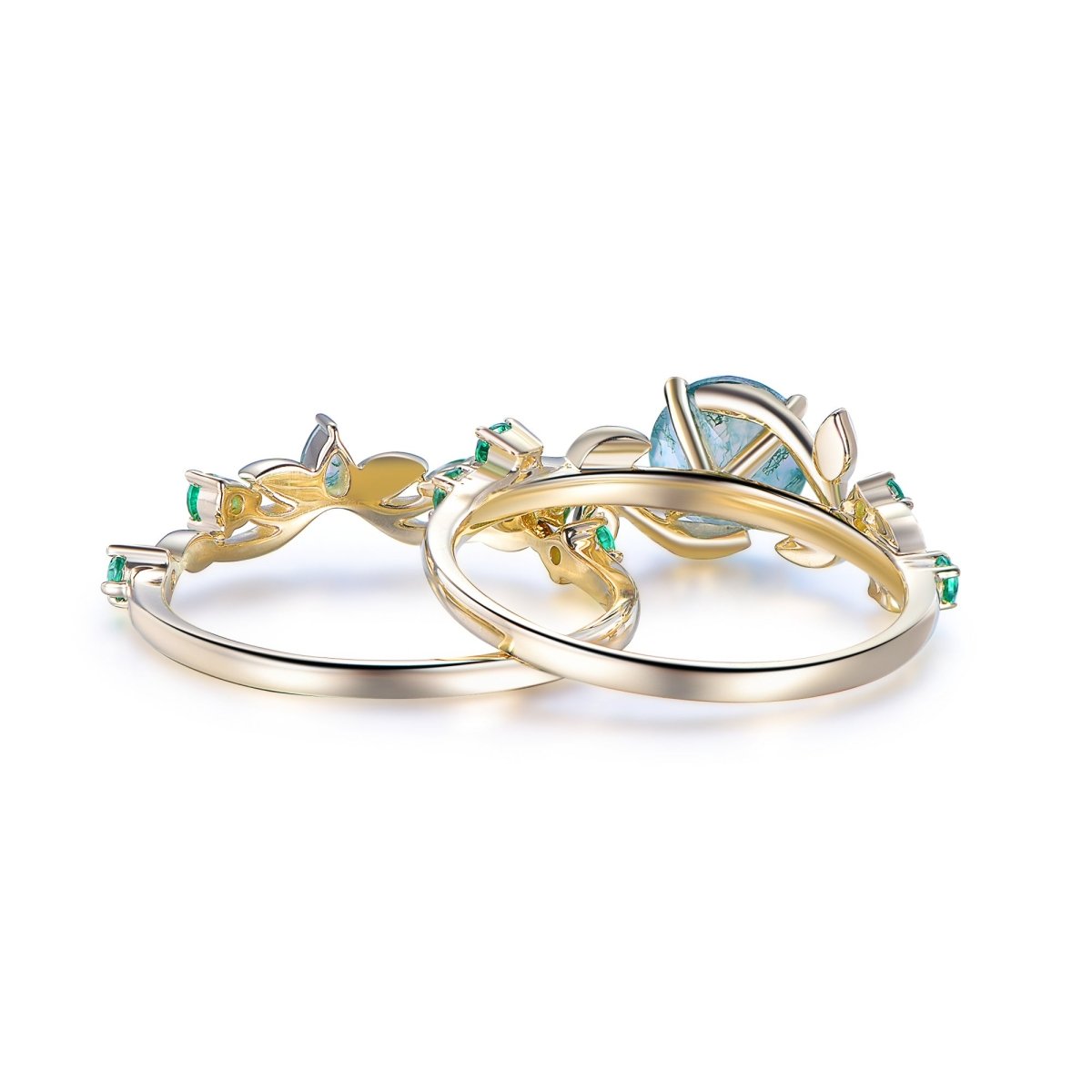 Round Natural Moss Agate Bridal Set Emerald Vine Ring, 14K Gold/Silver - Lord of Gem Rings