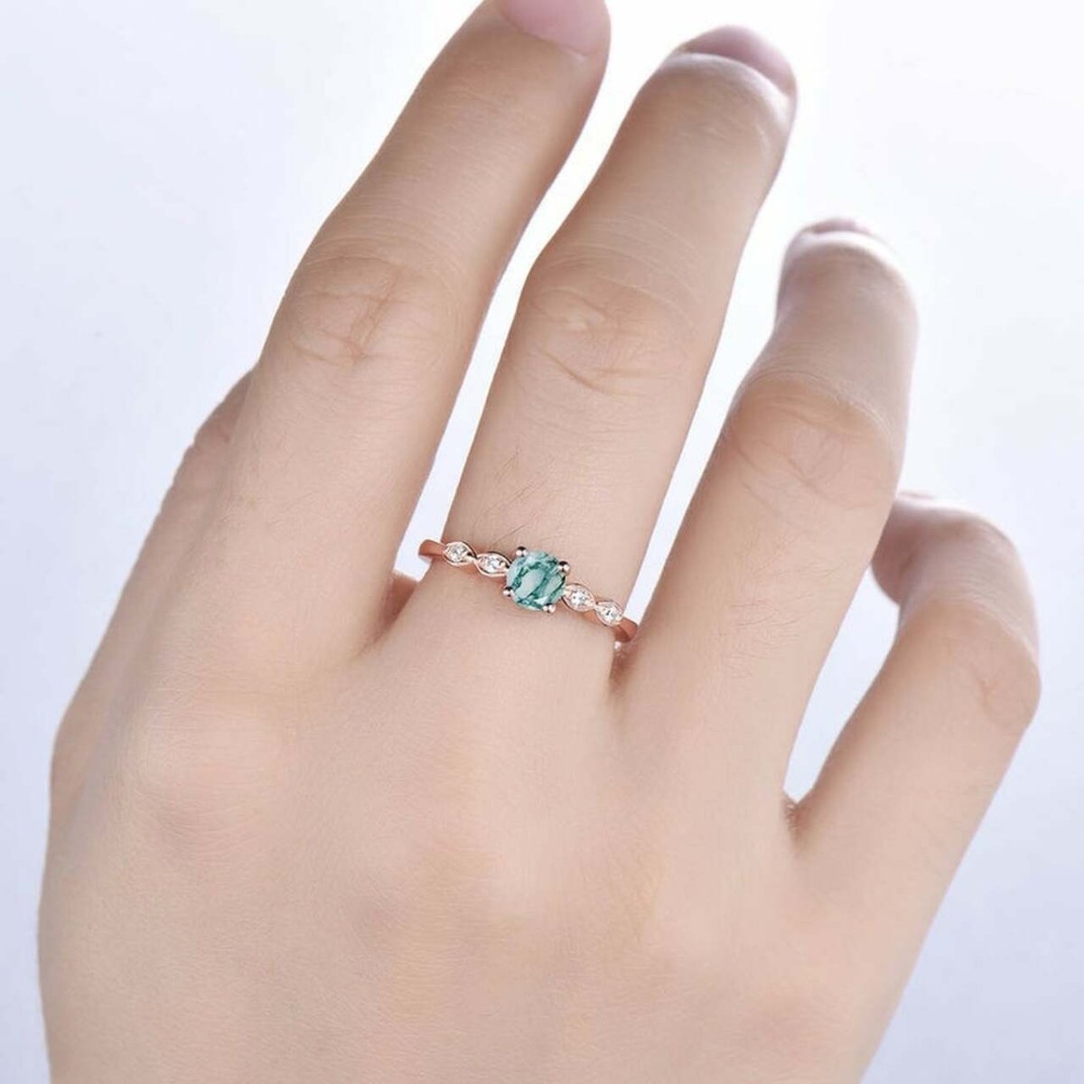 Round Natural Moss Agate Diamond Ring Rose Gold - Lord of Gem Rings