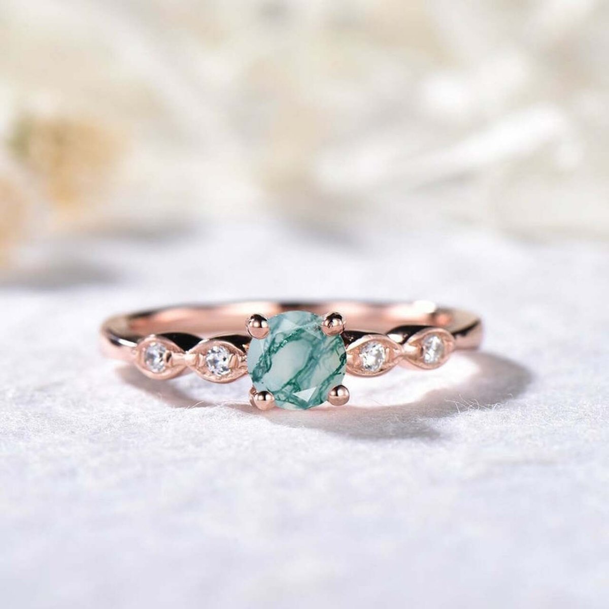 Round Natural Moss Agate Diamond Ring Rose Gold - Lord of Gem Rings