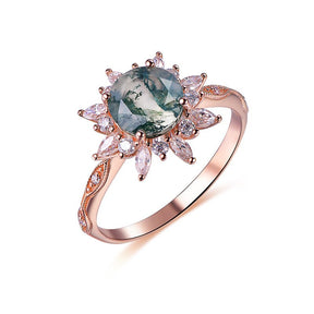 Round Natural Moss Agate Ring Marquise Moissanite Halo 14K Rose Gold - Lord of Gem Rings
