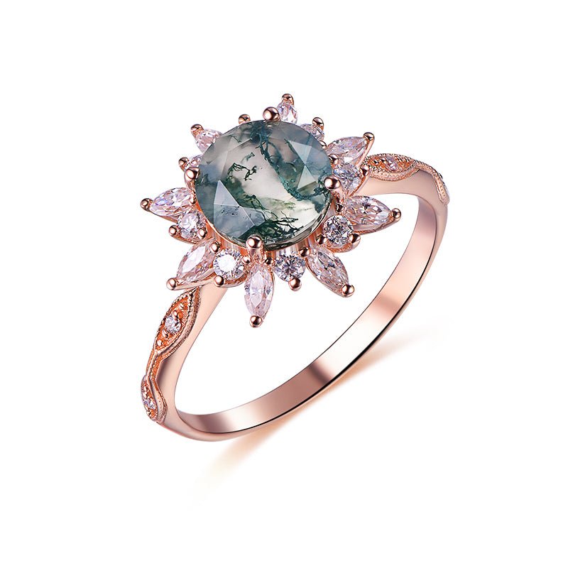 Round Natural Moss Agate Ring Marquise Moissanite Halo 14K Rose Gold - Lord of Gem Rings