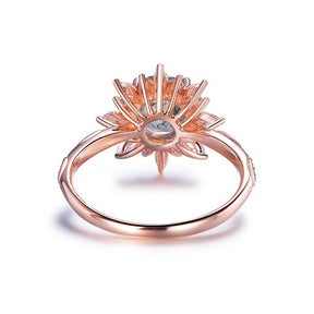 Round Natural Moss Agate Ring Marquise Moissanite Halo 14K Rose Gold - Lord of Gem Rings