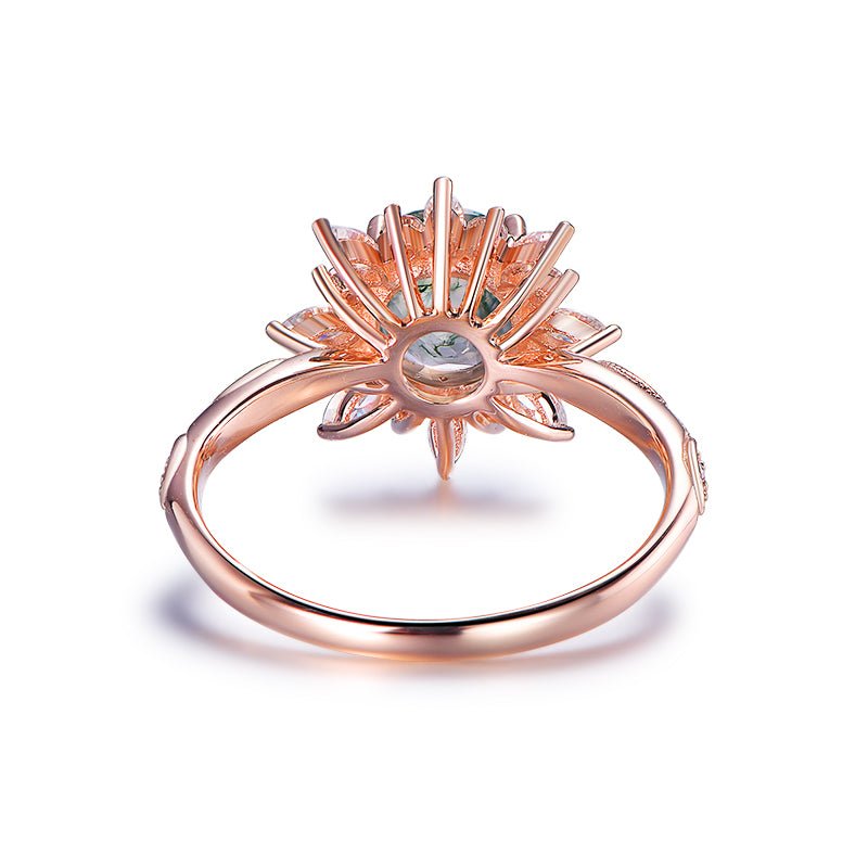 Round Natural Moss Agate Ring Marquise Moissanite Halo 14K Rose Gold - Lord of Gem Rings