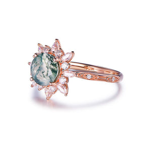 Round Natural Moss Agate Ring Marquise Moissanite Halo 14K Rose Gold - Lord of Gem Rings