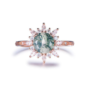 Round Natural Moss Agate Ring Marquise Moissanite Halo 14K Rose Gold - Lord of Gem Rings