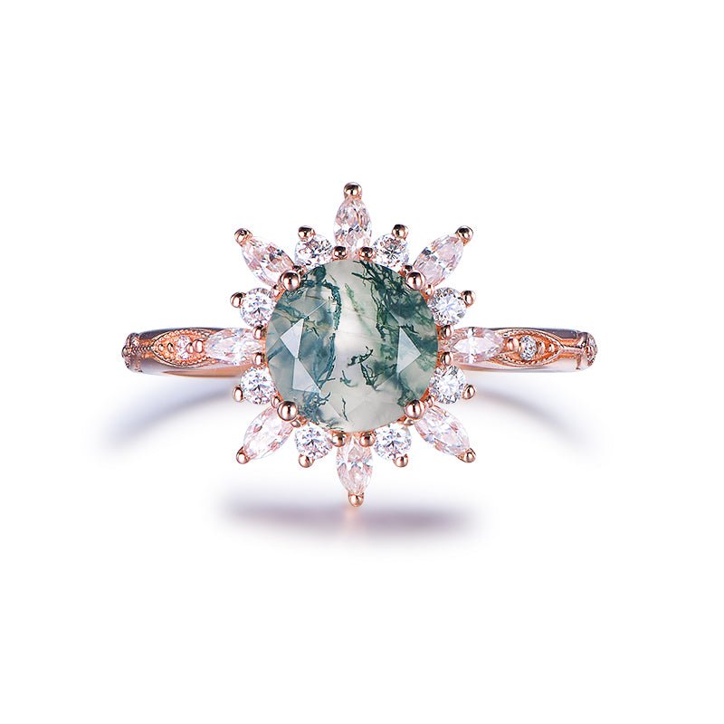 Round Natural Moss Agate Ring Marquise Moissanite Halo 14K Rose Gold - Lord of Gem Rings