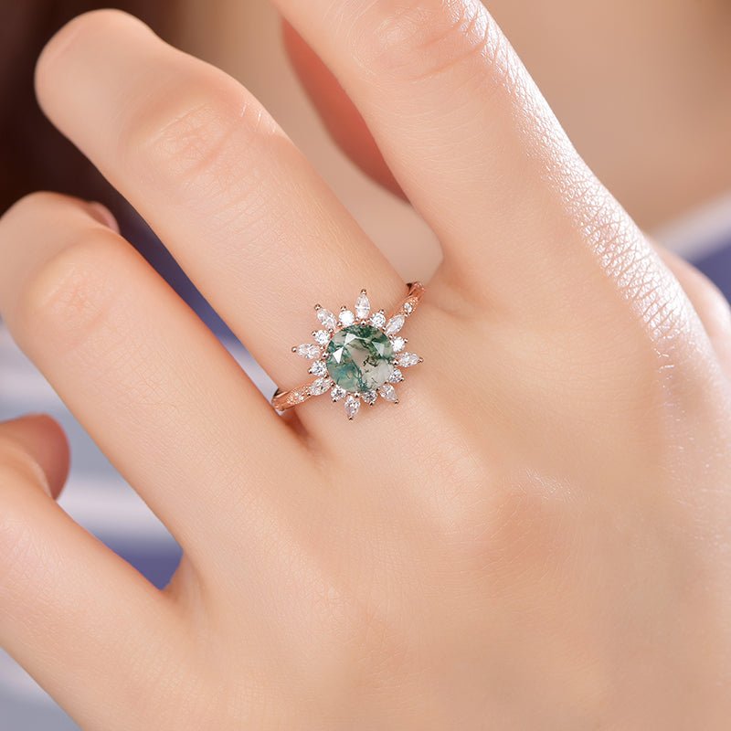 Round Natural Moss Agate Ring Marquise Moissanite Halo 14K Rose Gold - Lord of Gem Rings
