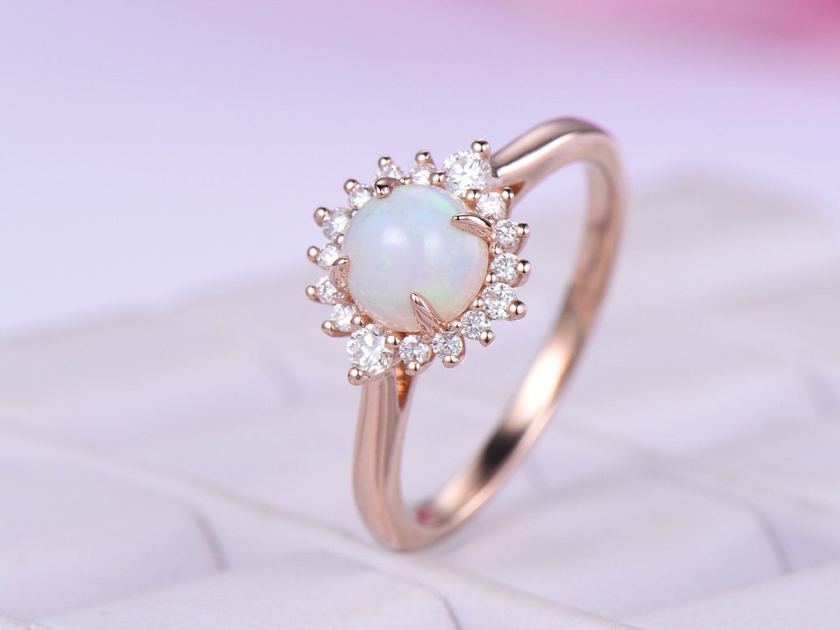 Round Opal Diamond Floral Engagement Ring 14K Rose Gold - Lord of Gem Rings