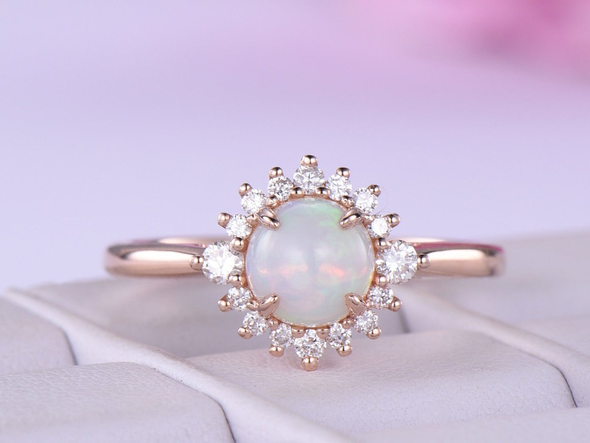 Round Opal Diamond Floral Engagement Ring 14K Rose Gold - Lord of Gem Rings