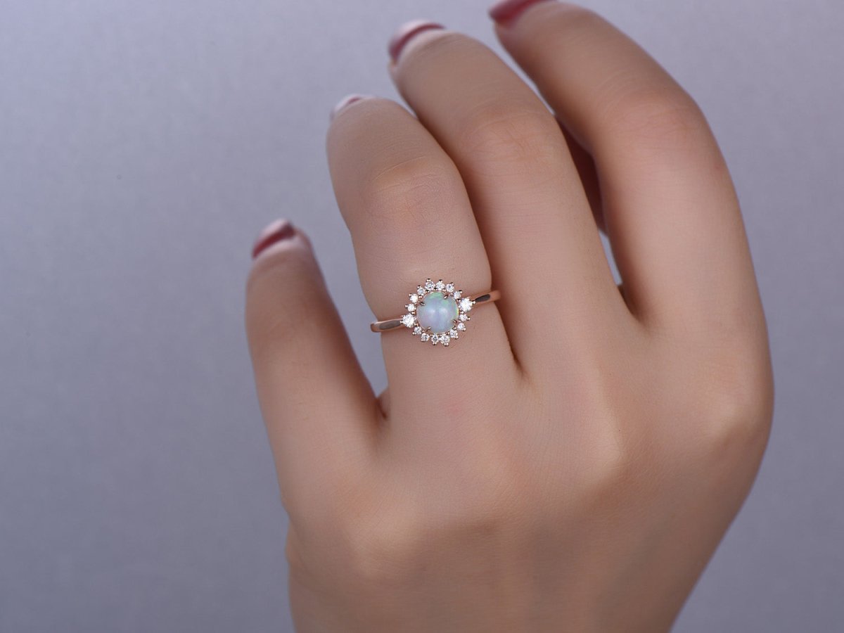 Round Opal Diamond Floral Engagement Ring 14K Rose Gold - Lord of Gem Rings