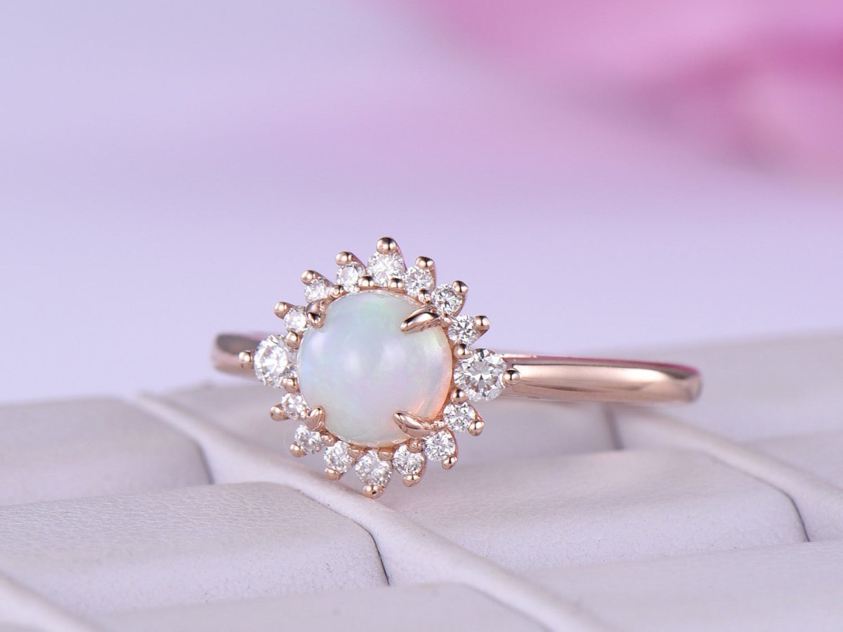 Round Opal Diamond Floral Engagement Ring 14K Rose Gold - Lord of Gem Rings