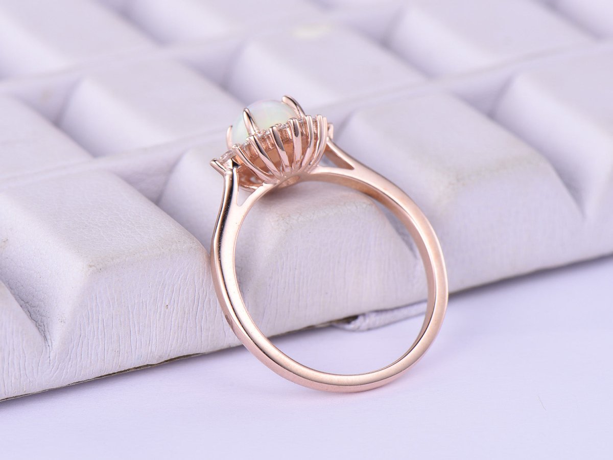 Round Opal Diamond Floral Engagement Ring 14K Rose Gold - Lord of Gem Rings