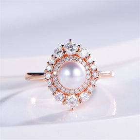 Round Pearl Ring Graduated Diamond Double Halo - Lord of Gem Rings