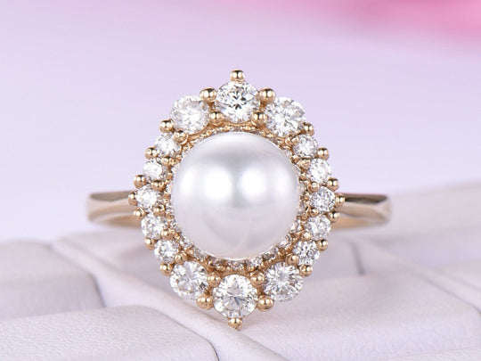 Round Pearl Ring Graduated Diamond Double Halo 14K Yellow Gold