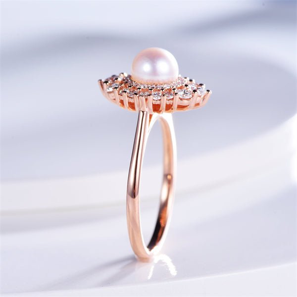 Round Pearl Ring Graduated Diamond Double Halo - Lord of Gem Rings