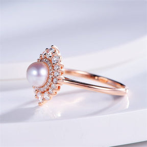 Round Pearl Ring Graduated Diamond Double Halo - Lord of Gem Rings