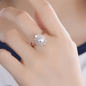 Round Pearl Ring Graduated Diamond Double Halo - Lord of Gem Rings