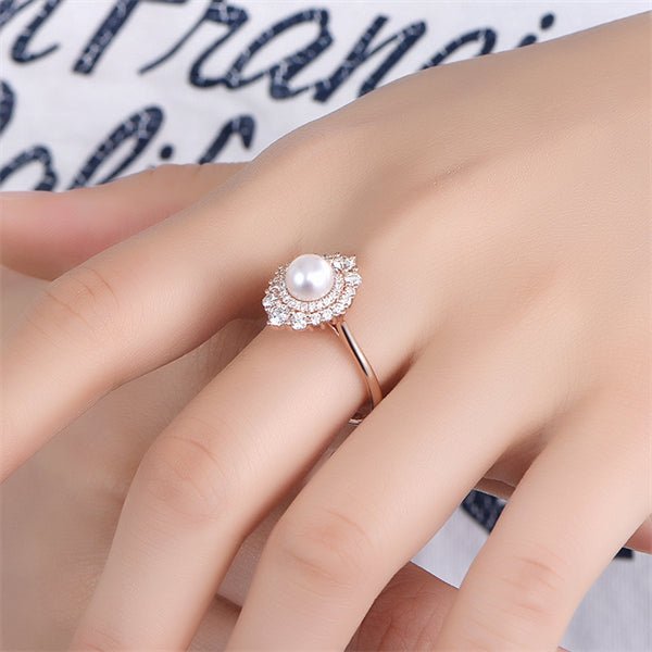 Round Pearl Ring Graduated Diamond Double Halo - Lord of Gem Rings