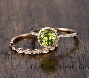 Round Peridot Ring Diamond Marquise Band Bridal Set - Lord of Gem Rings