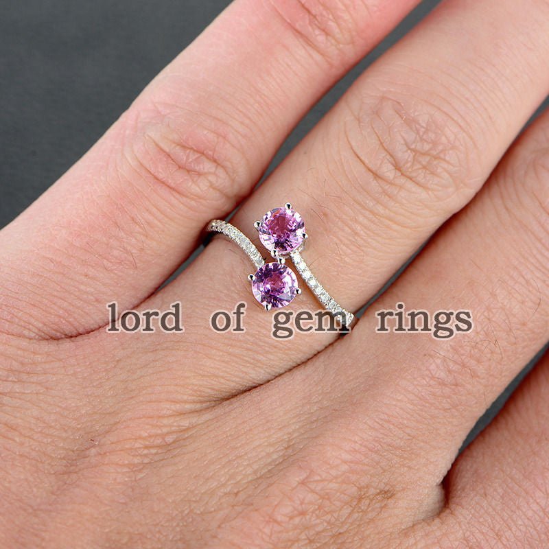 Round Pink Sapphire Diamond ByPass Engagement Ring 14K White Gold - Lord of Gem Rings
